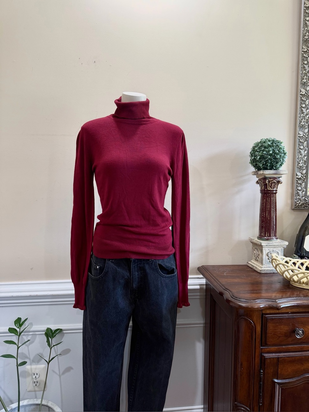 Vintage NAF NAF Women's Burgundy Turtleneck Sweater - Classic Knit